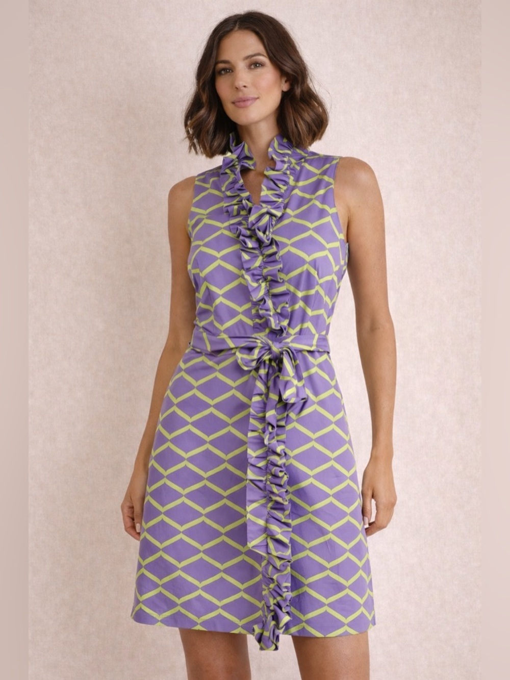 Melly M Sleeveless Ruffle Front Geometric Dress Summer Lavender Lime Size 12
